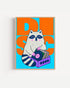 Poster Animali da Disco – Procione in cornice rovere: un procione che sfoglia una cassa di dischi, su fondo arancione e ciano.