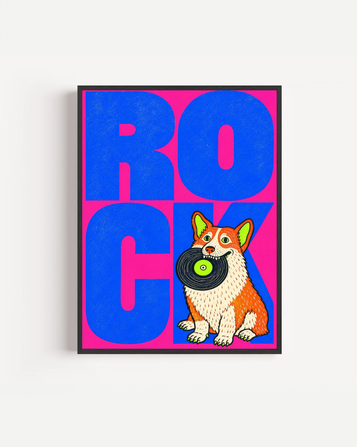 Poster Animali da Disco – Cane 1 in cornice nera: un cane corgi con un disco, su fondo blu.