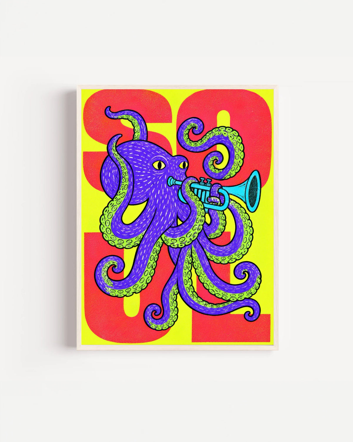Poster Animali da Disco – Polpo in cornice bianca: un polpo viola dai tentacoli colorati, su fondo rosso e verde.