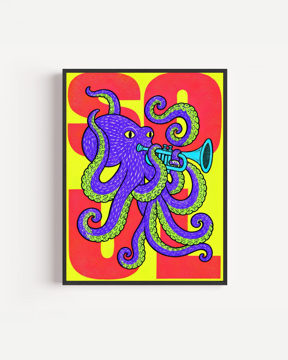 Poster Animali da Disco – Polpo in cornice nera: un polpo viola dai tentacoli colorati, su fondo rosso e verde.