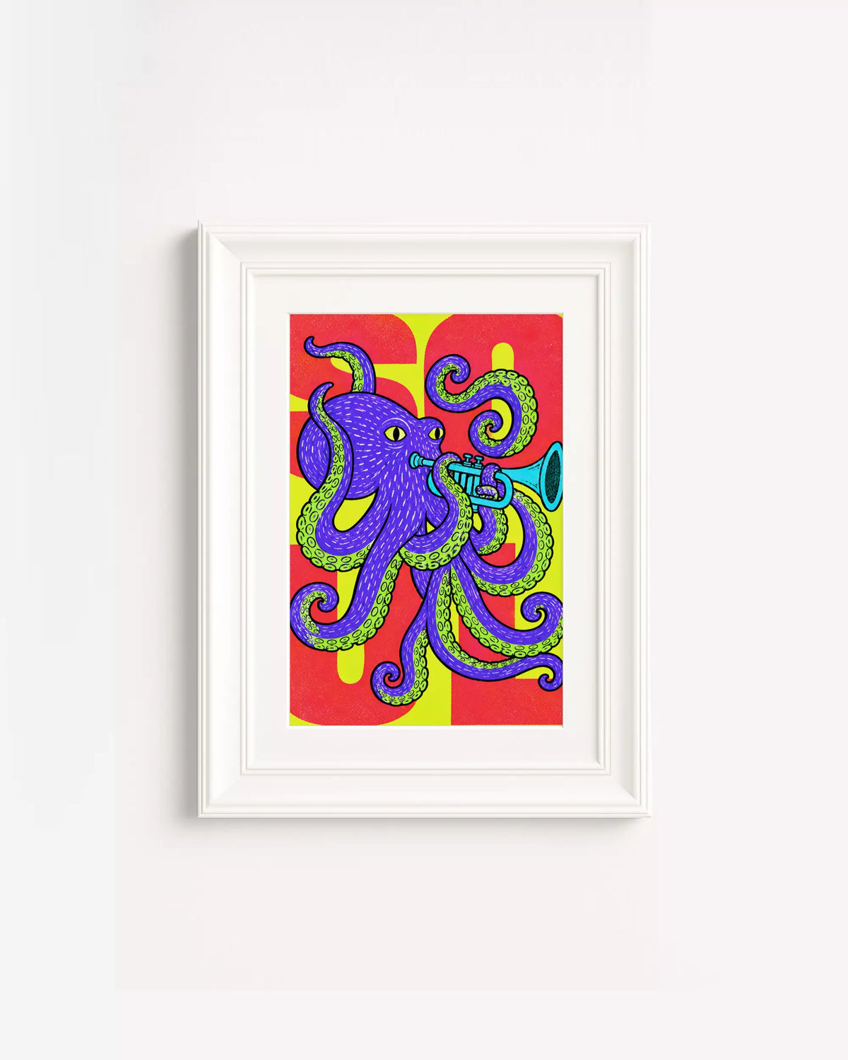 Poster Animali da Disco – Polpo in cornice bianca: un polpo viola dai tentacoli colorati, su fondo rosso e verde.