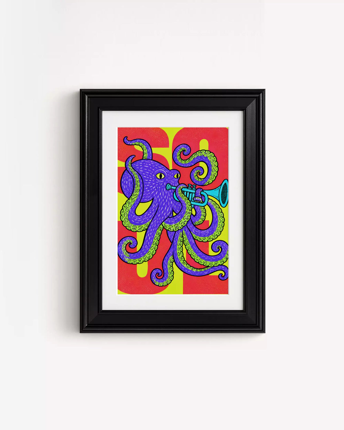 Poster Animali da Disco – Polpo in cornice nera: un polpo viola dai tentacoli colorati, su fondo rosso e verde.