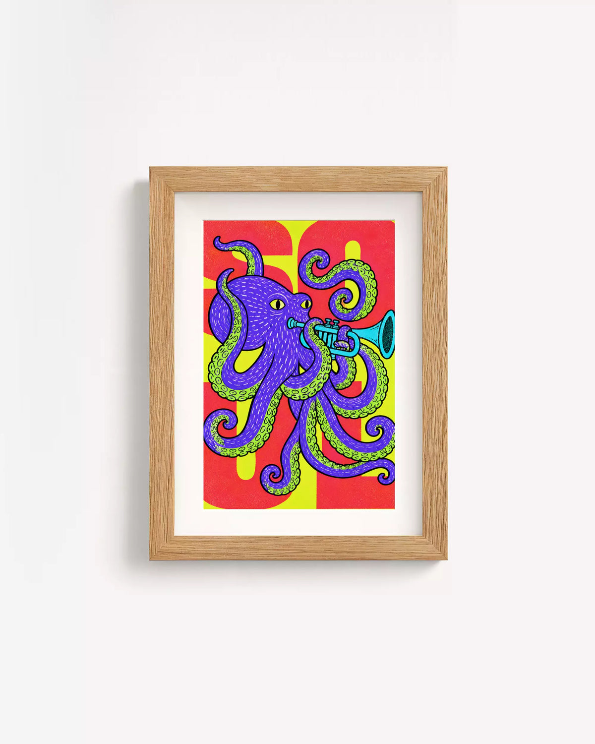 Poster Animali da Disco – Polpo in cornice rovere: un polpo viola dai tentacoli colorati, su fondo rosso e verde.