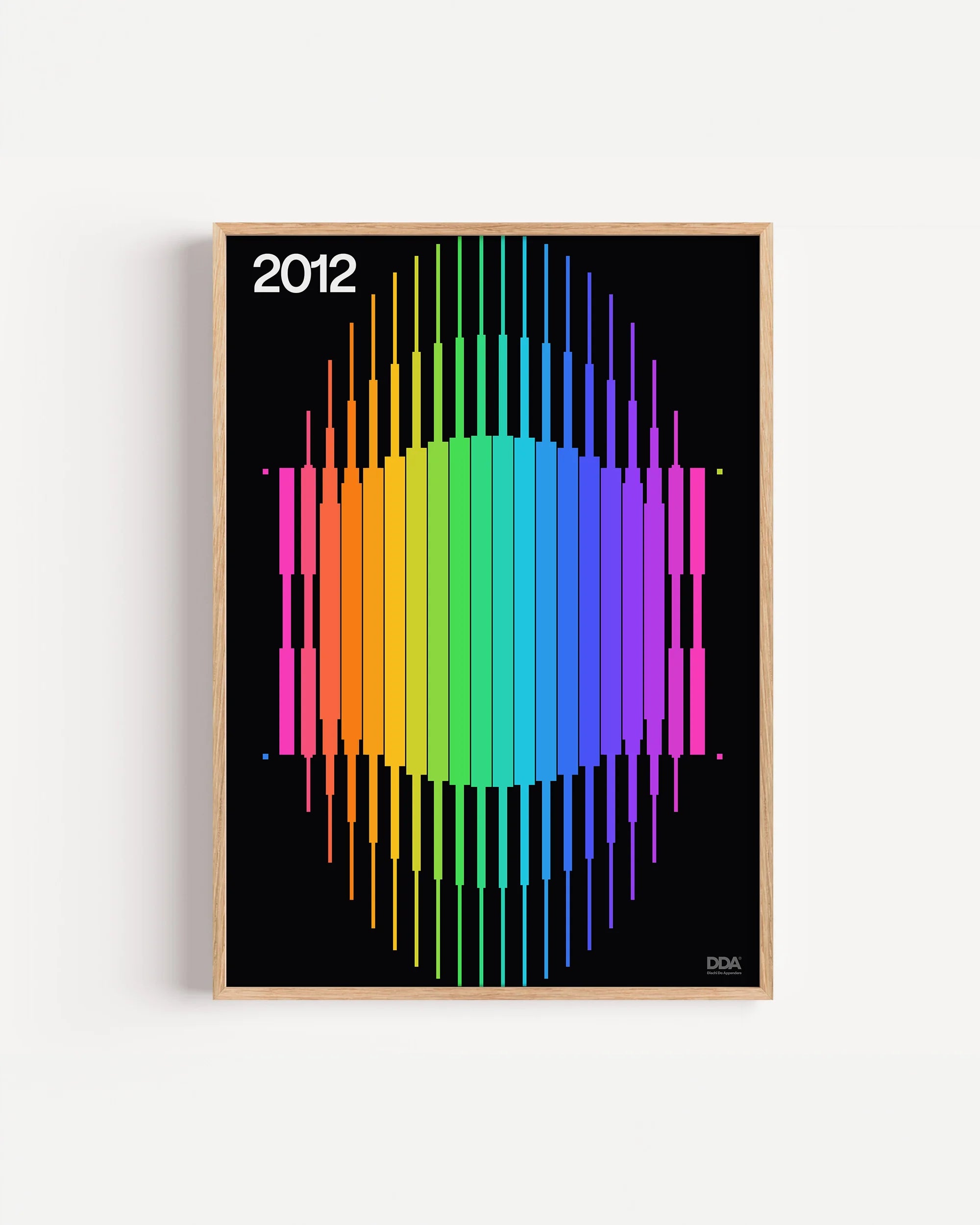 Poster 2012 di DDA in cornice rovere su parete bianca: un arcobaleno di barre verticali su fondo nero.
